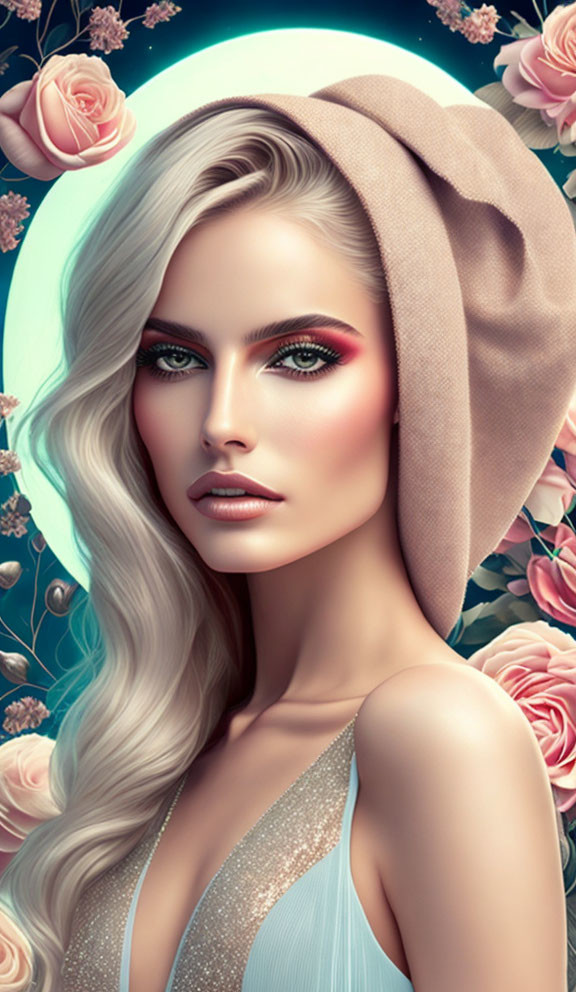 Blonde Woman with Glowing Skin and Red Eyeshadow Surrounded by Roses