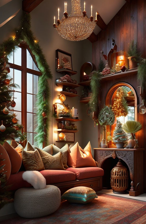 Festive Christmas room with fireplace, tree, ornaments, and chandelier