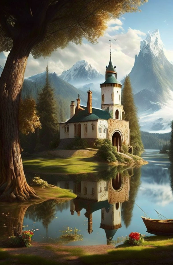 Castle with towers by calm lake, forested mountains, boat under tree