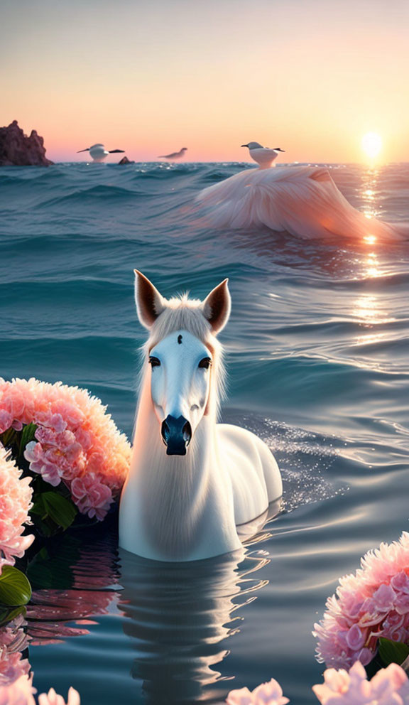 White horse with whimsical mane in serene sea at sunset with pink blooms, birds, and cliffs.