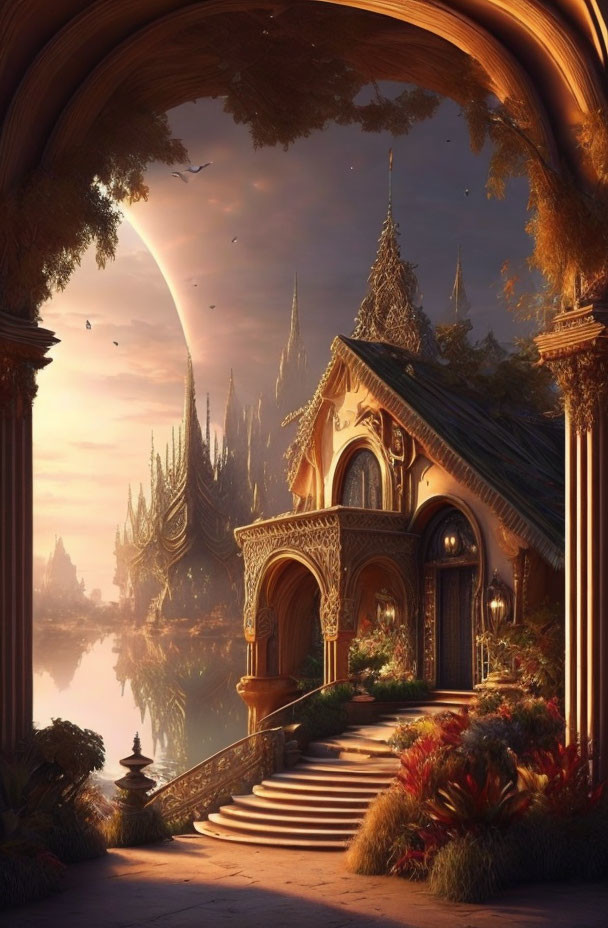 Majestic arched doorway in fantasy landscape with grand house, lake, and spires