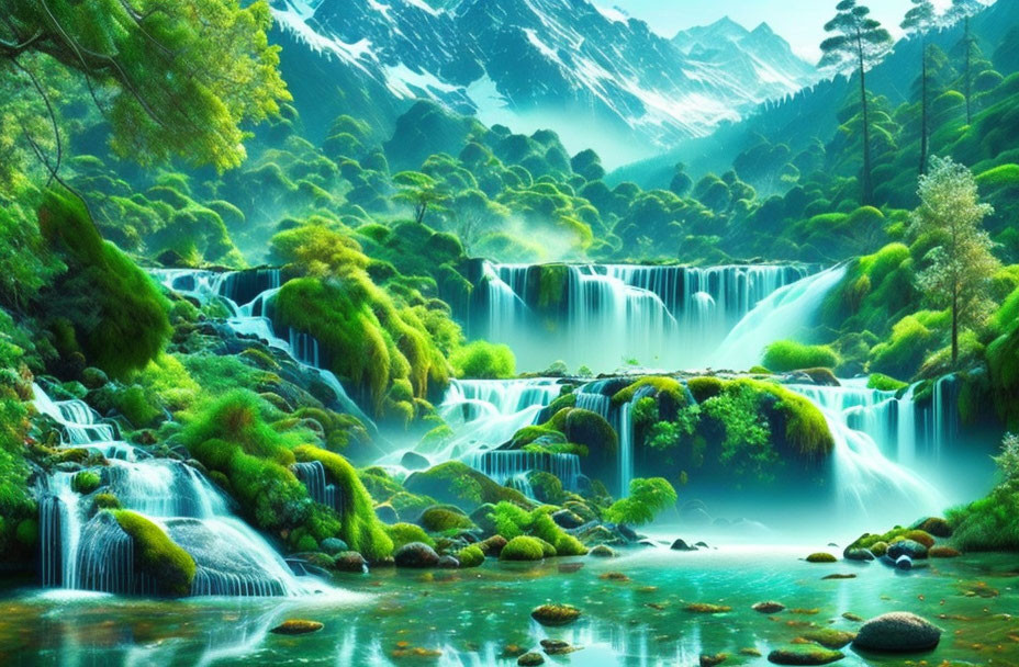 Scenic cascade in lush greenery with snowy mountains