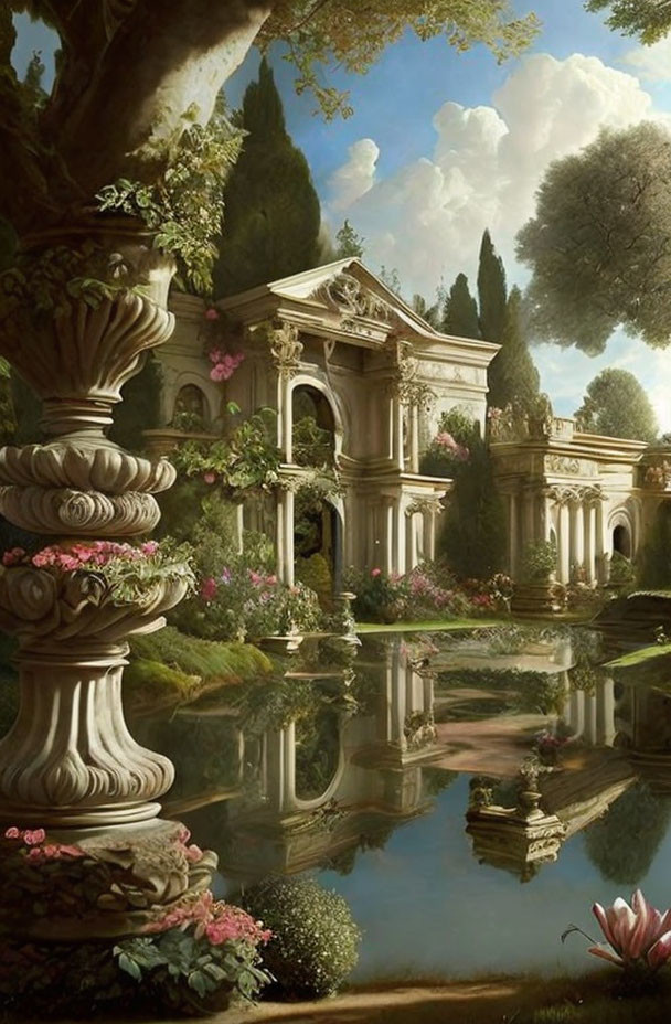 Classical garden with archways, urns, flowers, greenery, and reflecting pond