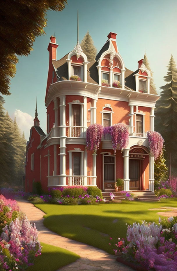 Victorian-style red house with lush gardens, white trim, and purple wisteria balconies