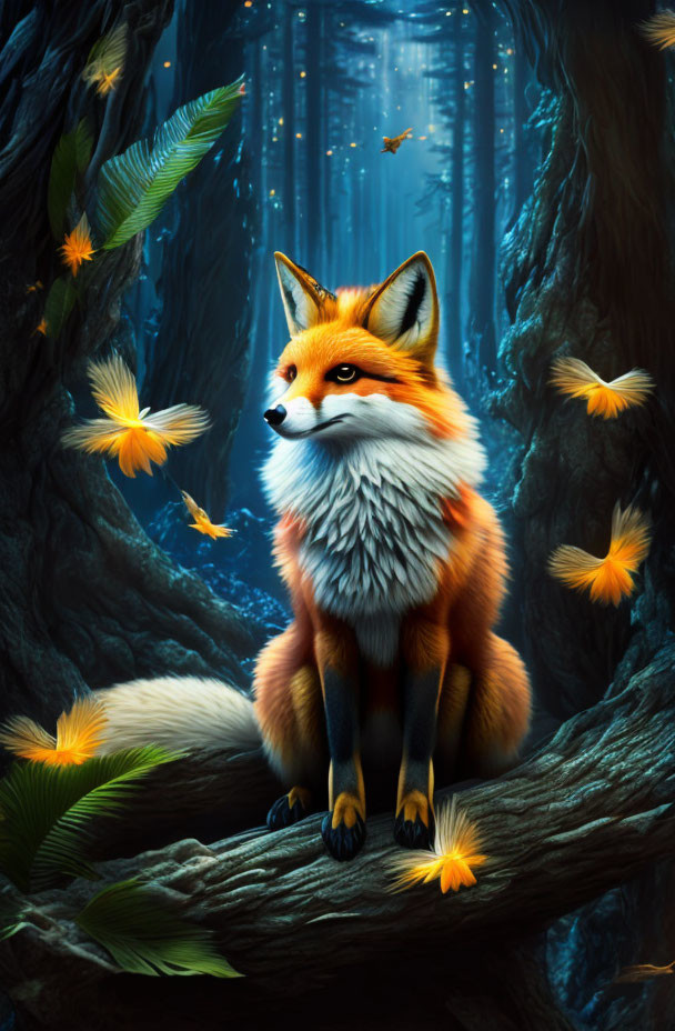 Fox on Branch Surrounded by Butterflies in Enchanting Forest