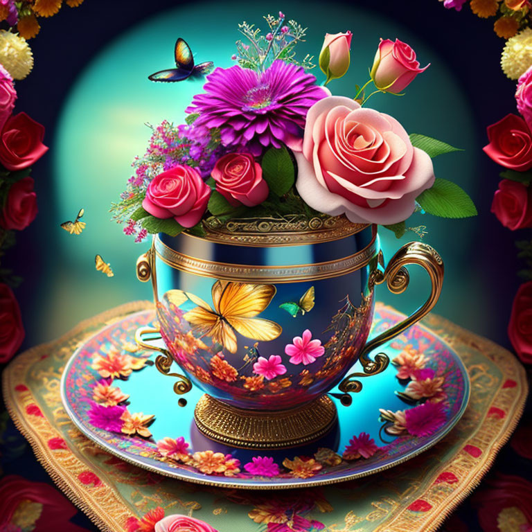 Decorated cup overflowing with flowers and butterflies on dark blue background