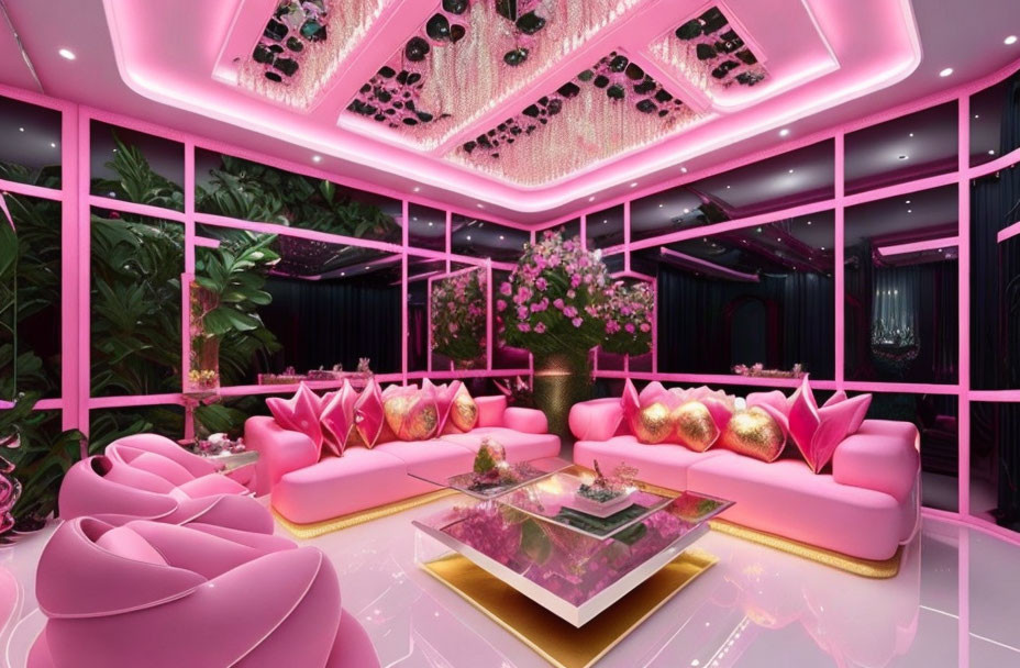 Luxurious Pink-themed Living Room with LED Ceiling Lights & Plush Couches