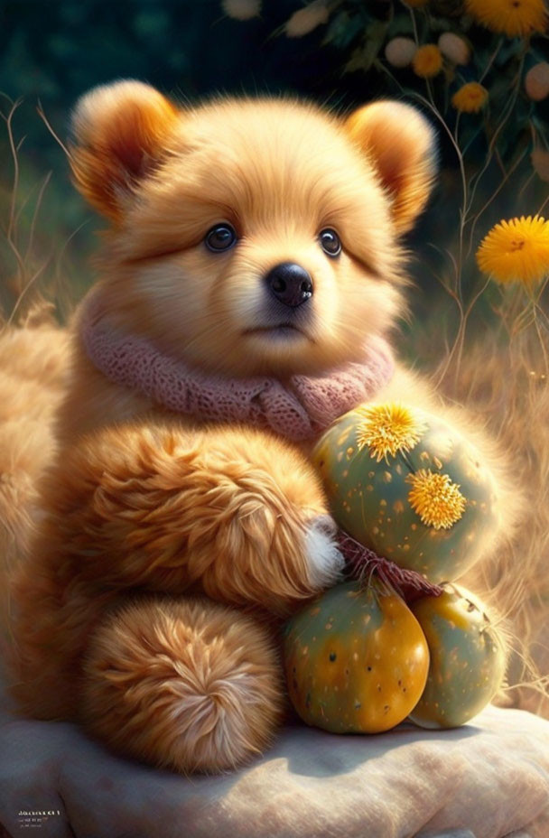 Fluffy Pomeranian Puppy in Pink Scarf with Yellow Gourds and Daisies