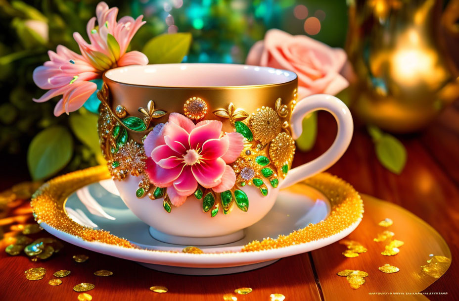 Floral Patterned Teacup on Gold Saucer with Glitter and Candlelight