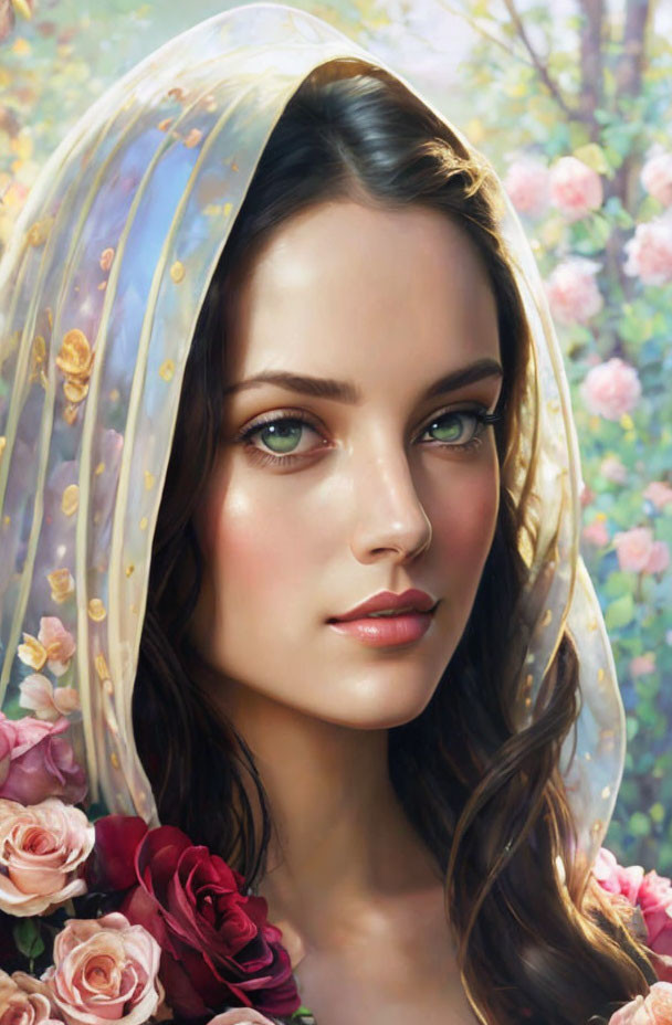 Detailed Portrait of Woman with Translucent Veil and Roses