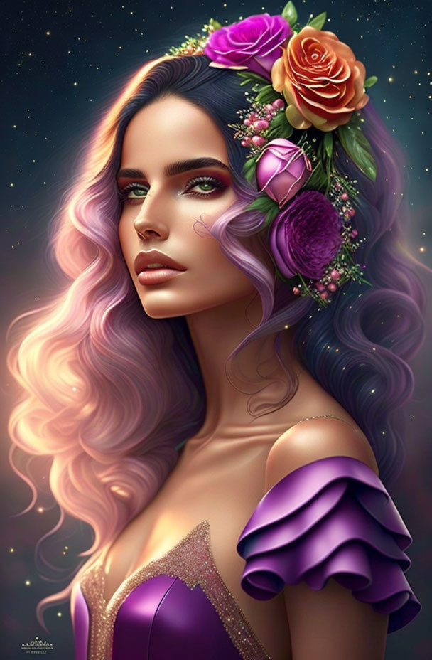 Digital art portrait: Woman with purple wavy hair and floral adornments on starry backdrop