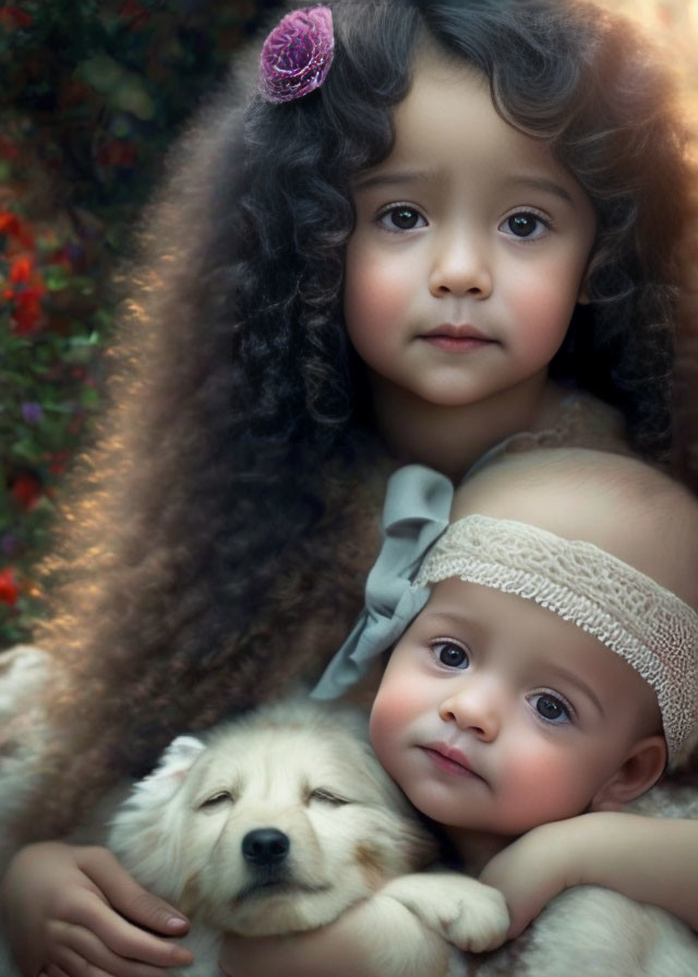 Young children with curly hair and flower accessory embrace sleepy puppy against floral backdrop