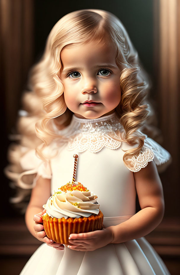 Curly Blonde-Haired Child in White Dress Holding Cupcake