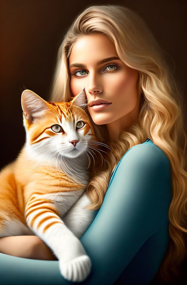 Blonde woman with blue eyes holding orange and white cat