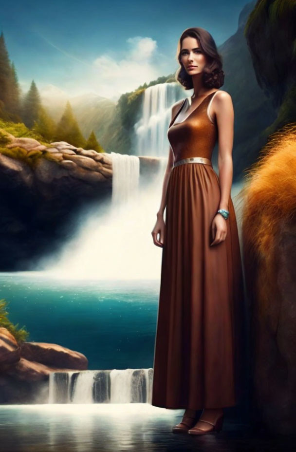 Woman in brown dress at mountain waterfall