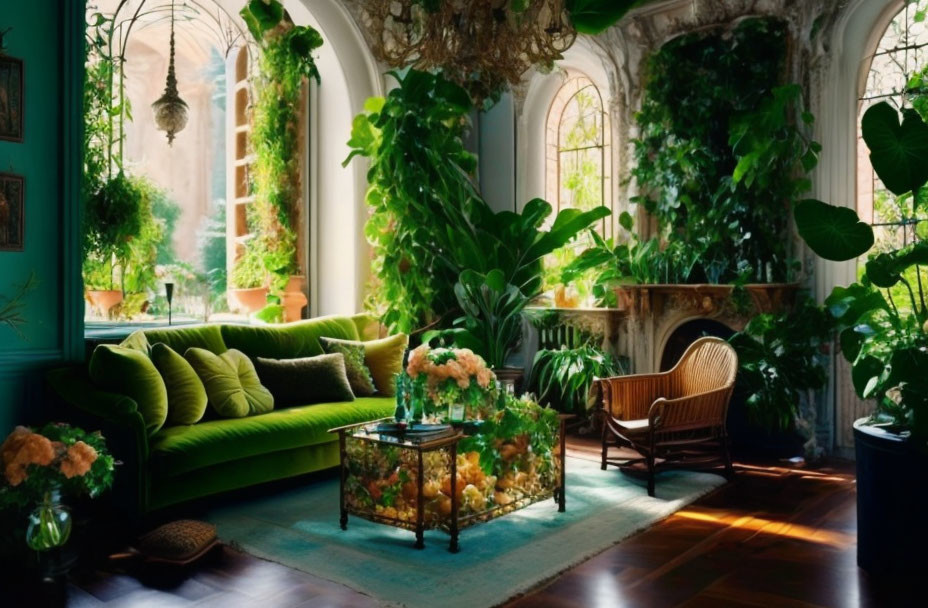 Indoor garden room with green velvet sofa, vintage wood furniture, potted plants, and Gothic-style