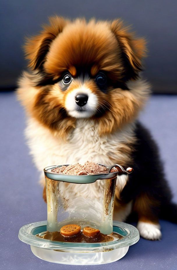 Fluffy tricolor puppy with hot chocolate, marshmallows, and cookies