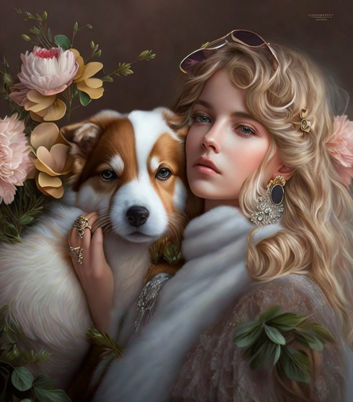 Blonde Curly-Haired Woman with Dog in Gold Accessories and Pink Flowers