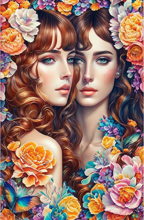 Illustration of two women with floral hair in serene embrace