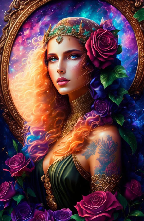 Illustration of woman with red hair, blue eyes, floral crown, roses, and arm tattoo