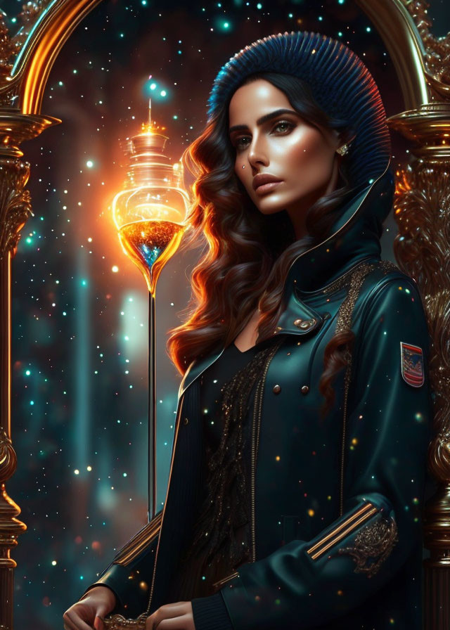 Futuristic woman in navy blue outfit with golden embellishments holding radiant light amid stars and ornate