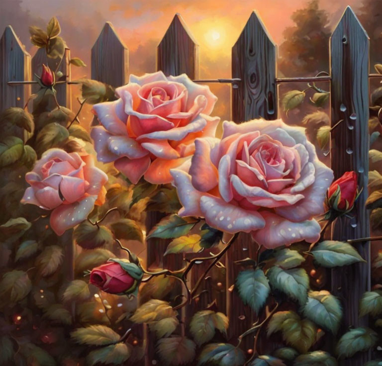 Three full-bloom roses against a fence at sunrise