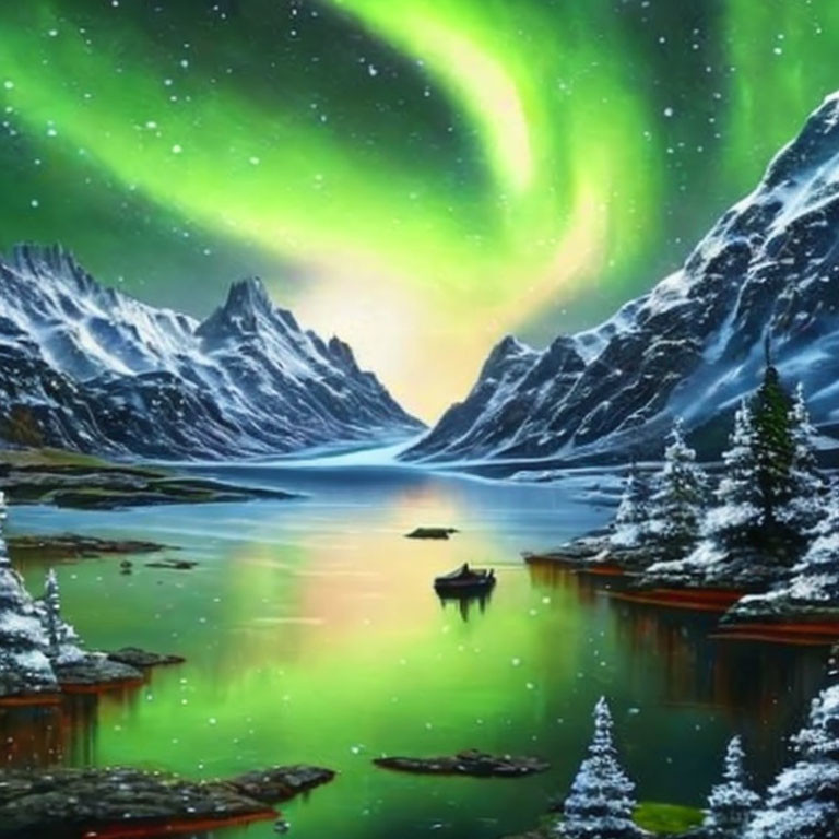 Snow-dusted trees and aurora borealis over mountain lake