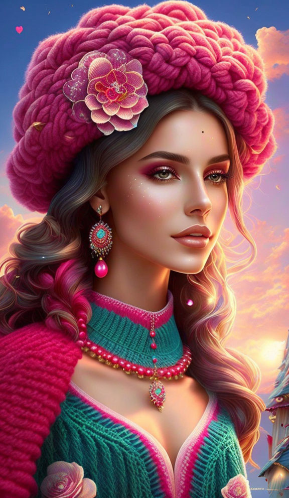 Woman with Pink Turban & Sparkling Makeup in Twilight Sky