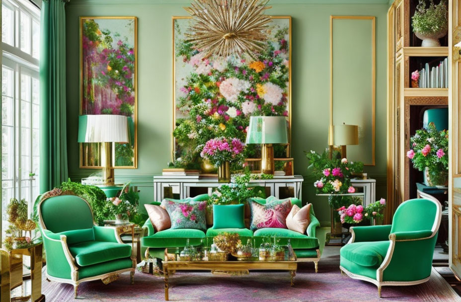 Green-themed living room with floral decor and pink accents