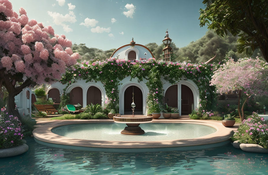 Tranquil courtyard with fountain, gardens, and blooming trees in front of arch-adorned