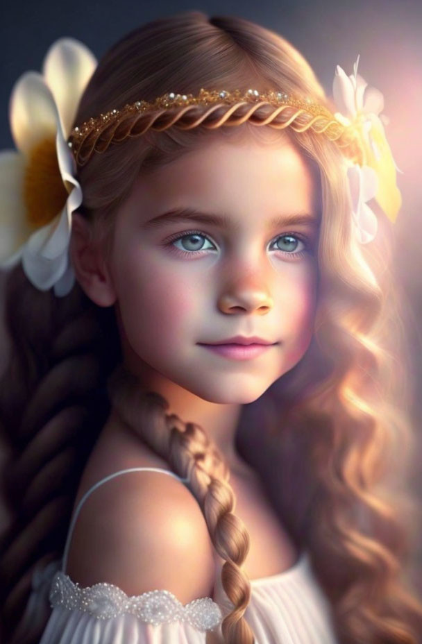 Young girl with braided hair and floral headband in white dress under warm light