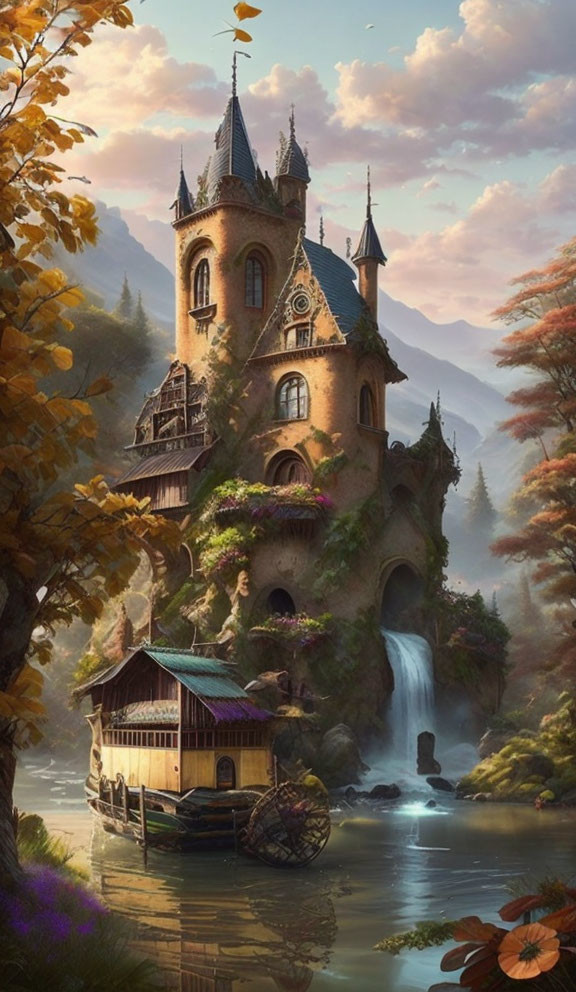 Castle on waterfall surrounded by autumn trees in mystical landscape