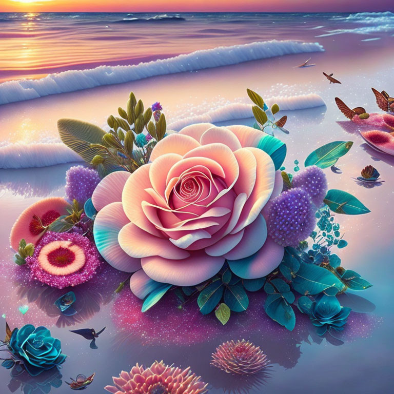 Colorful digital art: oversized rose and flowers in surreal beachscape