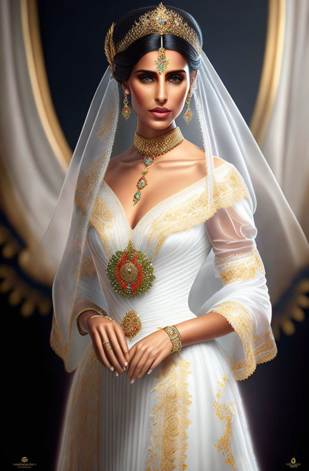 Bride in white dress with cultural jewelry and veil on dark background