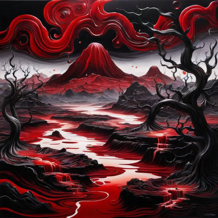 Stylized painting of volcanic landscape with red sky and erupting volcano