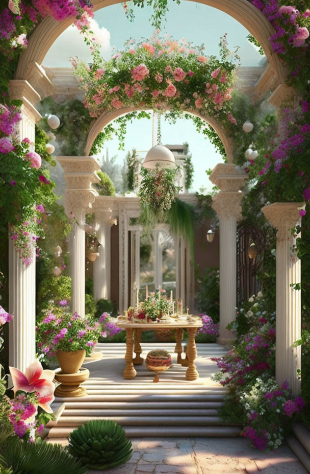 Roman-style columns garden pathway with blooming flowers and sunlit table.