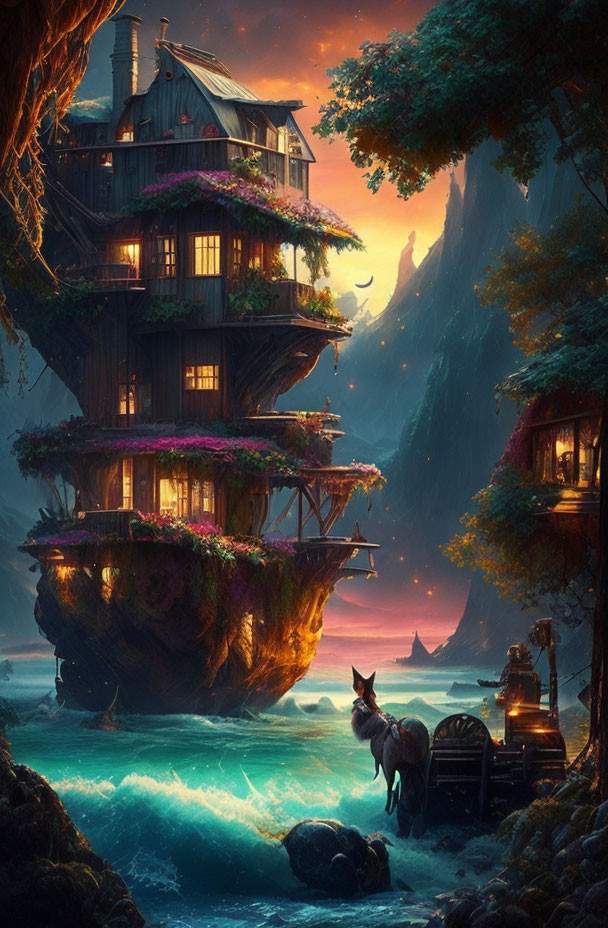 Fantasy landscape with floating islands, whimsical house, glowing sea, fox on rocky shores, twilight