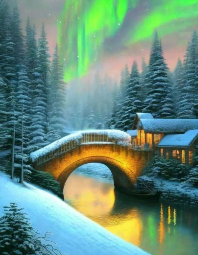 Winter scene: bridge, cabin, Northern Lights in sky