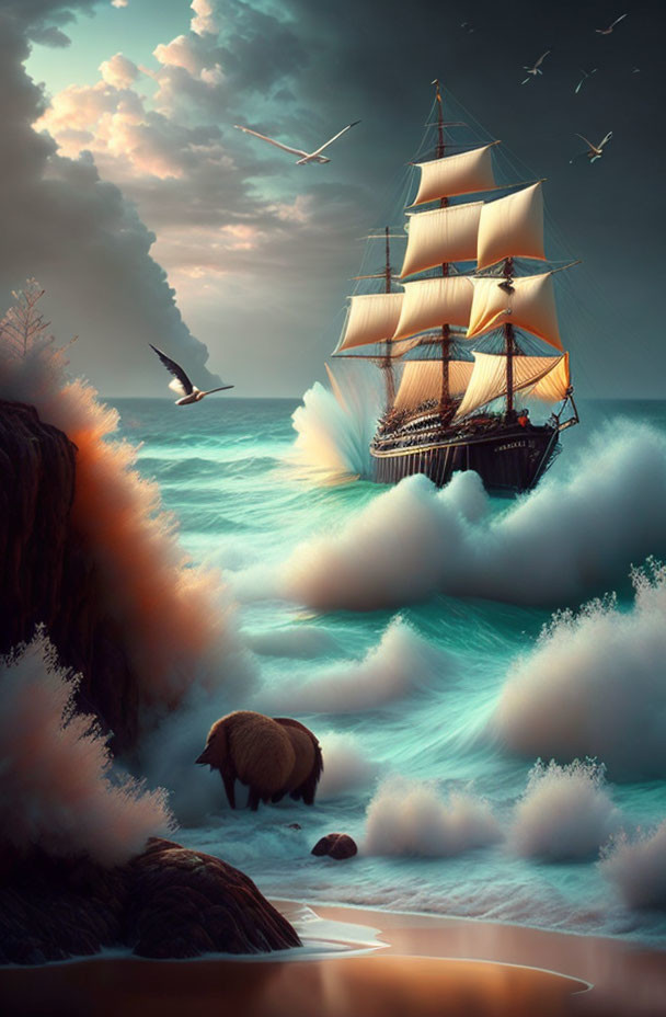 Sailing ship in stormy seas with seagulls and sheep