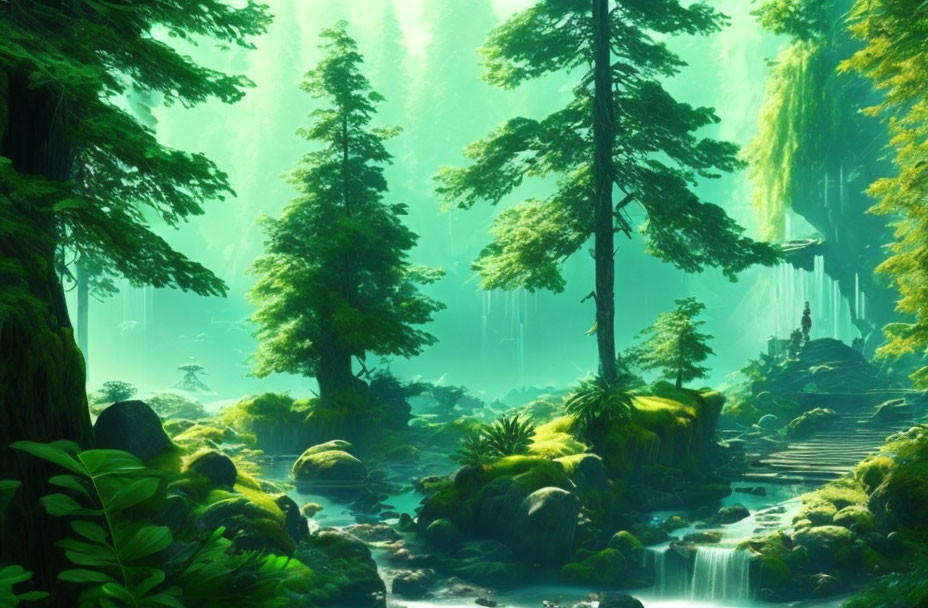 Serene forest scene with sunlight, moss-covered rocks, trees, and stream