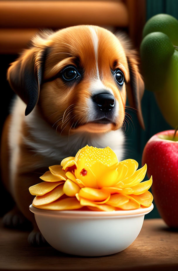 Brown and white fur puppy next to yellow flower and apple in bowl