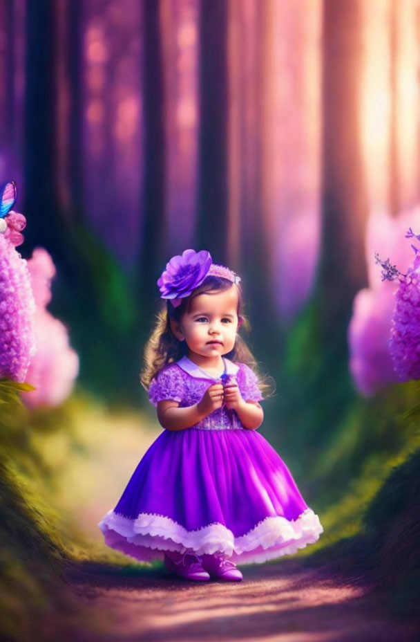 Toddler in Purple Dress on Forest Path with Sunlight and Butterflies