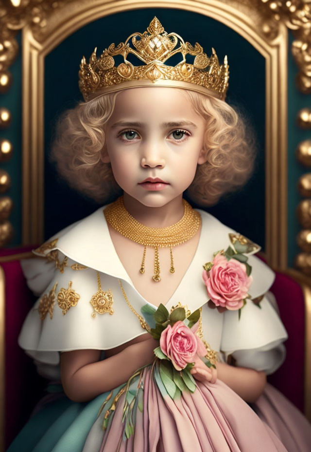 Curly Blonde Haired Child in Gold Crown and Pearl Necklace on Teal Background