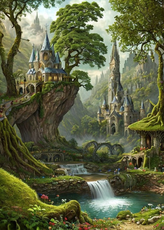 Majestic castles on lush green cliffs with waterfalls, arch bridge, and verdant trees