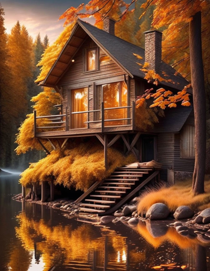 Riverside wooden cabin surrounded by autumn trees at dusk