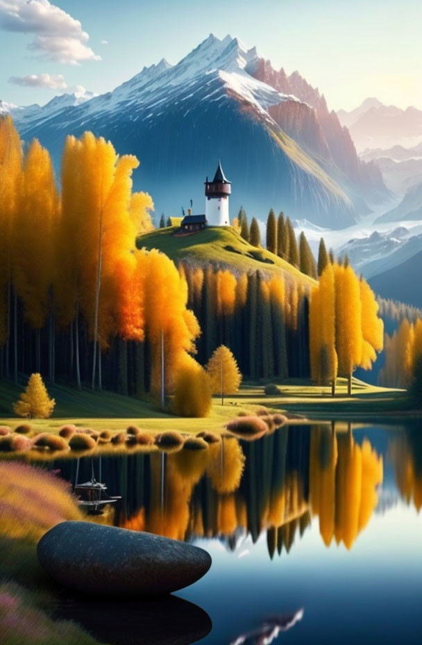 Lighthouse on grassy knoll with autumn trees, lake, and mountains