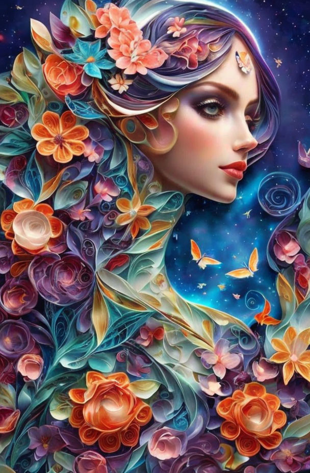 Colorful Woman Surrounded by Floral Patterns and Cosmic Background