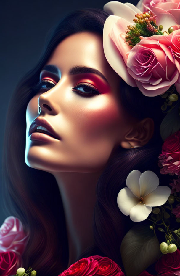 Vibrant digital artwork: Woman with pink flowers, bold makeup, and intense gaze on dark backdrop