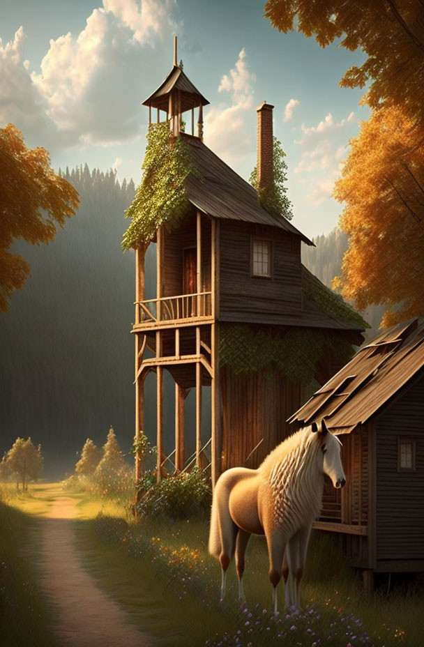 Cream-Colored Horse in Front of Rustic Wooden House and Lush Foliage