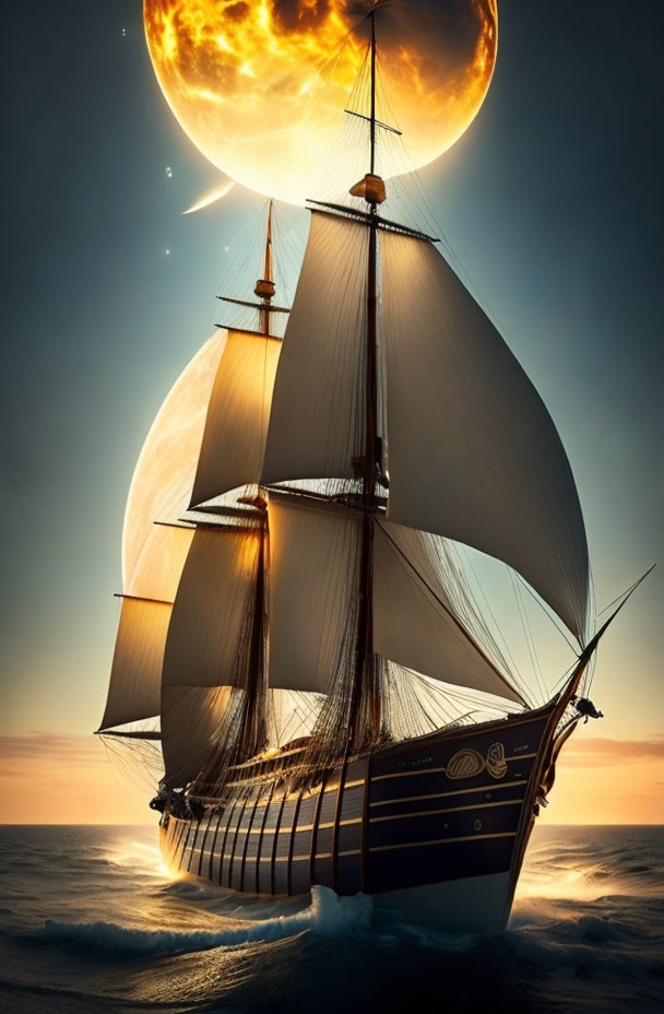 Sailing ship on ocean at sunset with large sun image